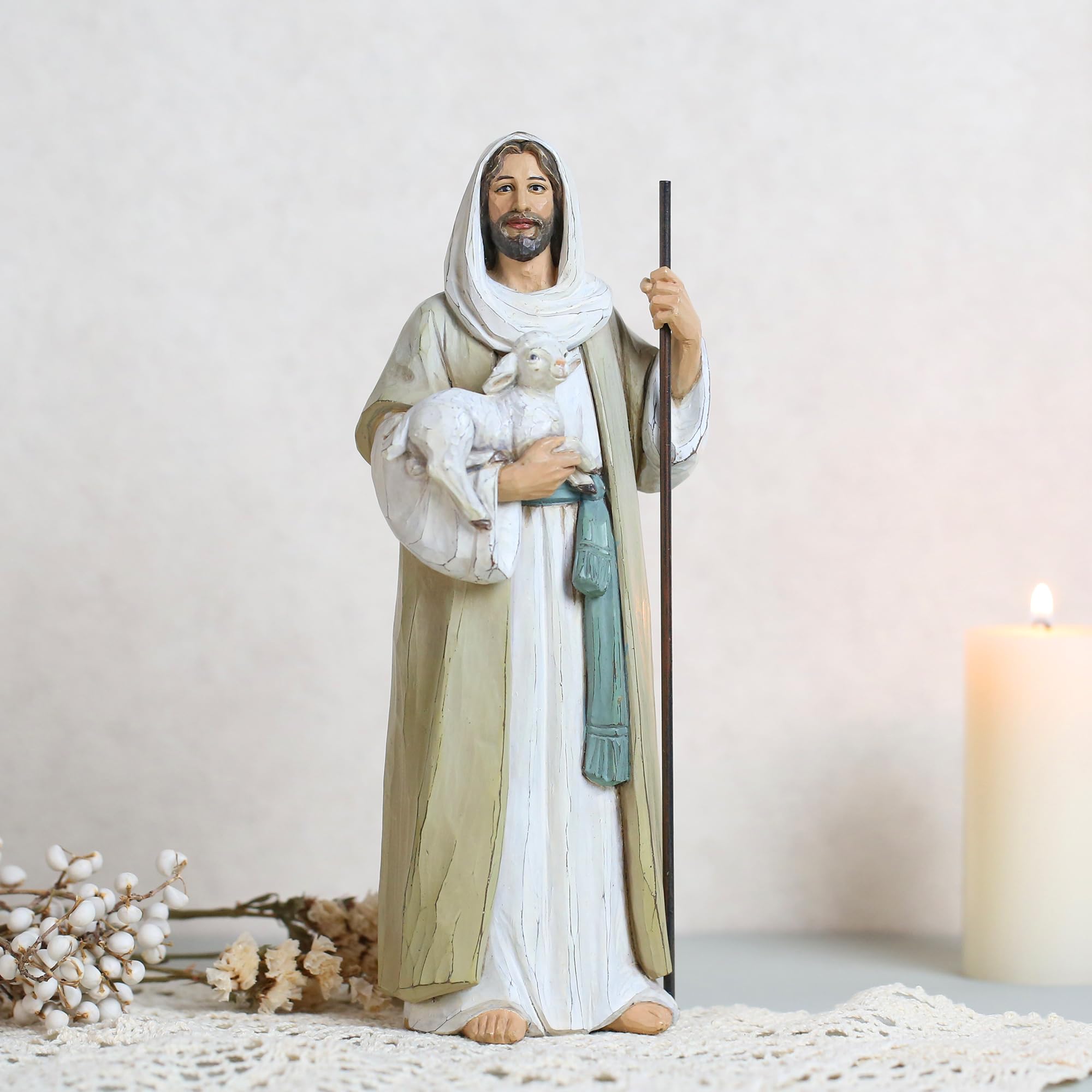 ShineOnAngel shepherd figurine closeup with soft color tone for gentle home decor.