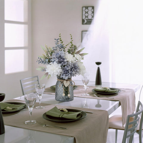 SHINFHOMF blue and white artificial dahlias create a calming focal point