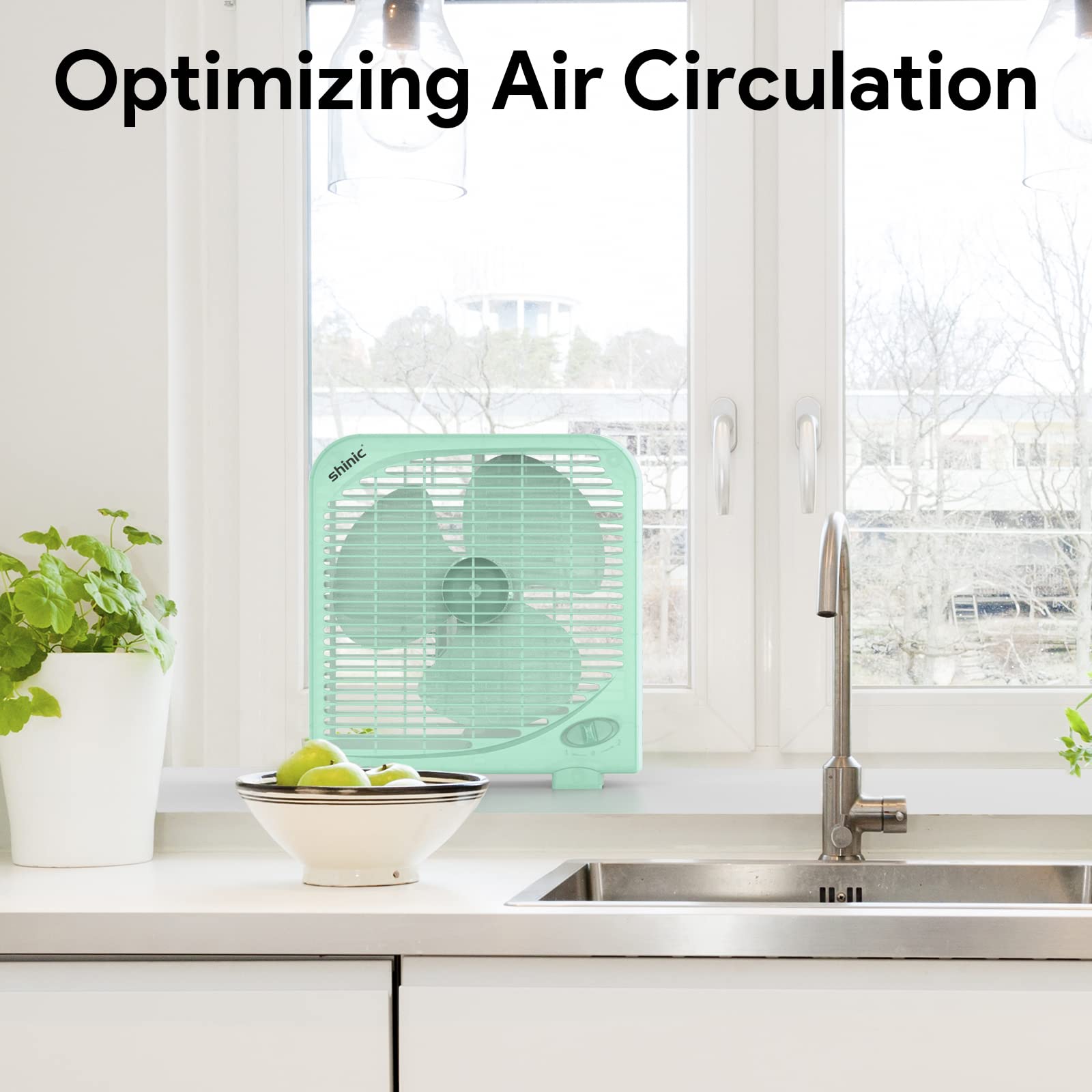 Shinic 10-inch tabletop fan with compact dimensions fits desks and shelves.