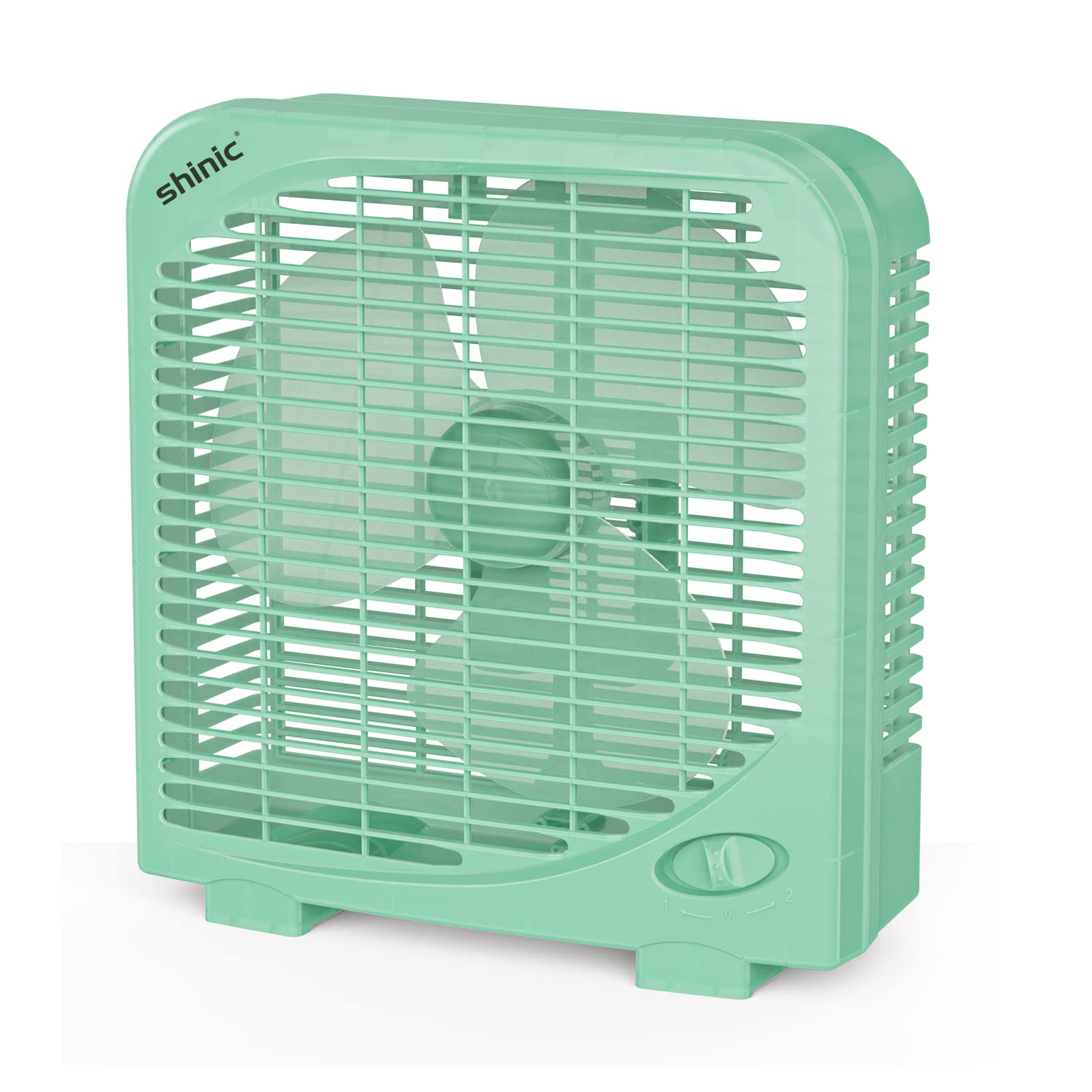 Shinic 10-inch tabletop fan front view delivers strong airflow for cooling.