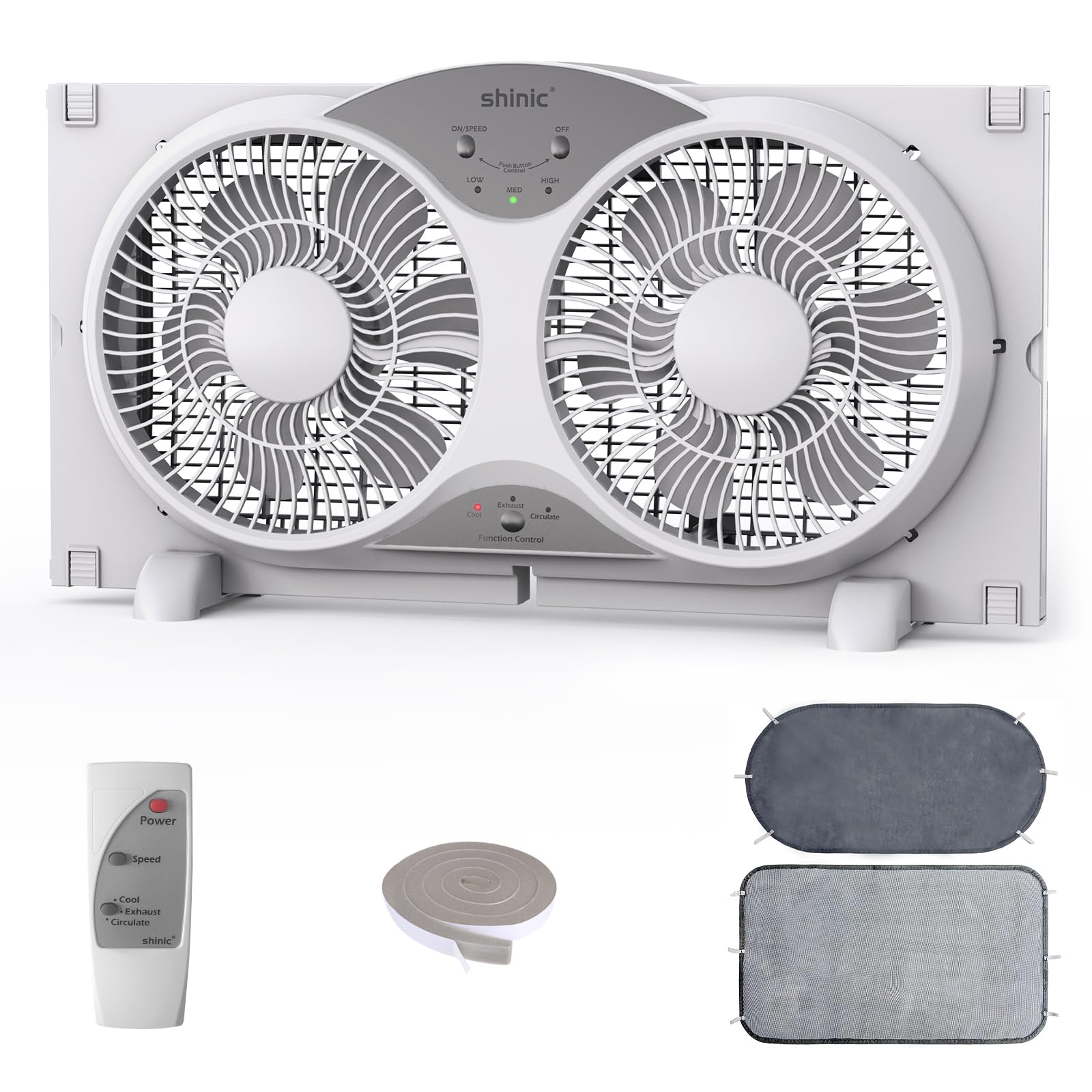 Shinic 9-Inch Twin Window Fan assembled for quiet cooling in a living room.