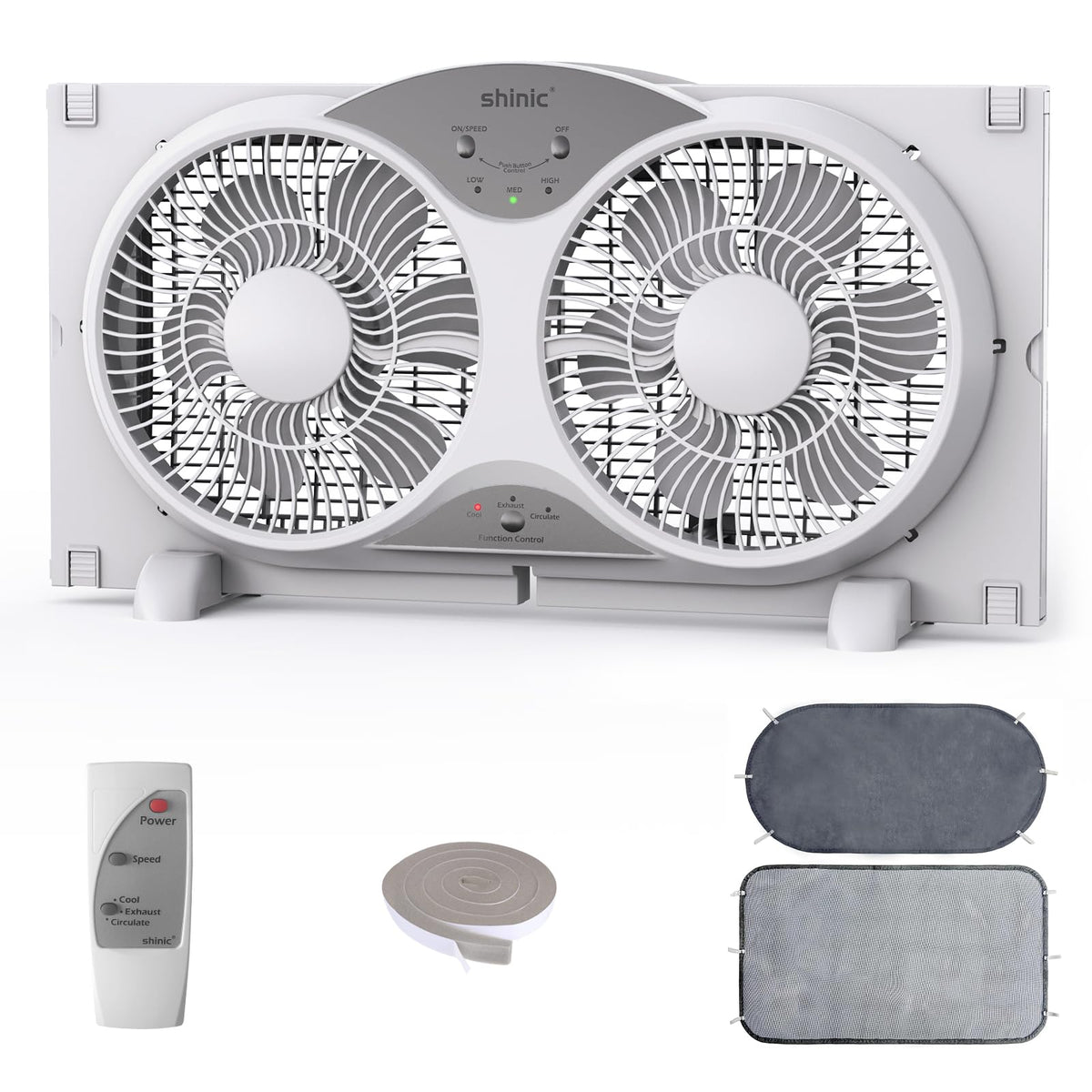Shinic 9-Inch Twin Window Fan assembled for quiet cooling in a living room.