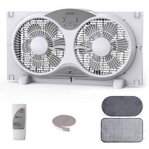 Shinic 9-Inch Twin Window Fan assembled for quiet cooling in a living room.