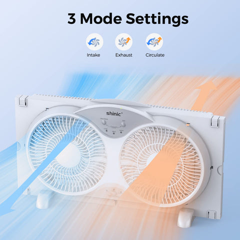 Shinic 9-Inch Twin Window Fan in exhaust mode pulling air from the room.