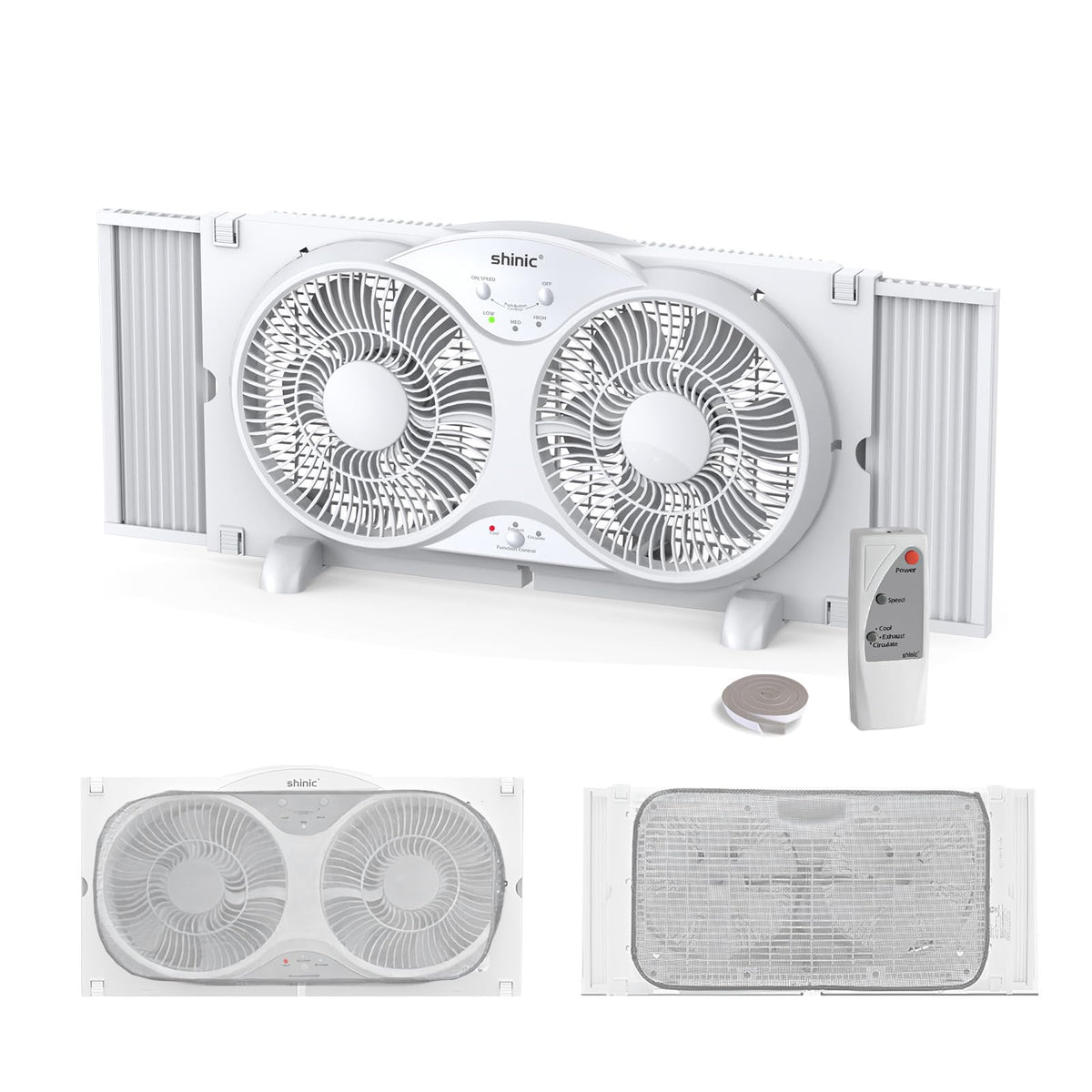 Shinic 9-inch quiet window fan with remote control for calm bedroom cooling.