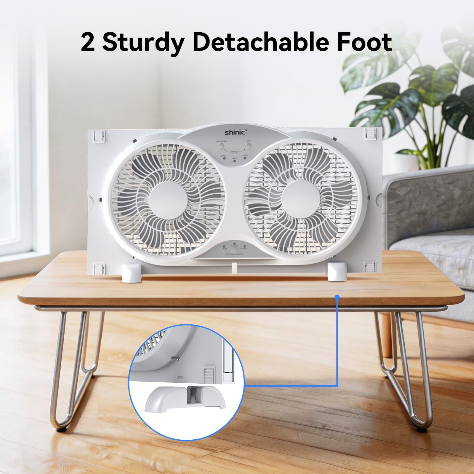 Shinic detachable legs allow converting to a freestanding floor fan.