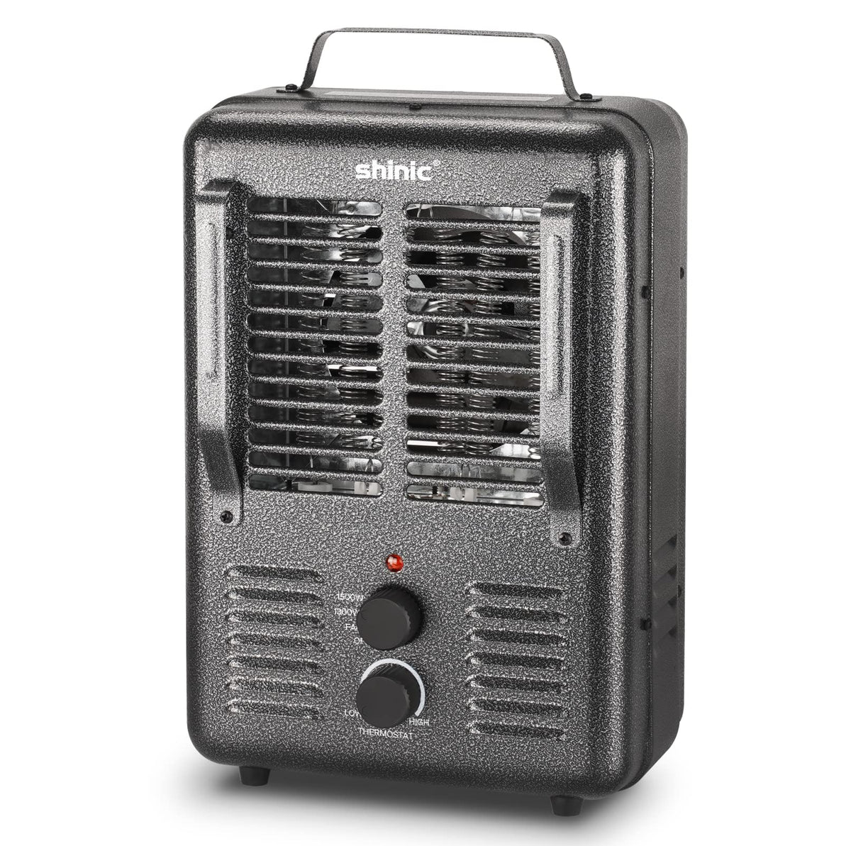 Shinic space heater front view showing durable metal housing