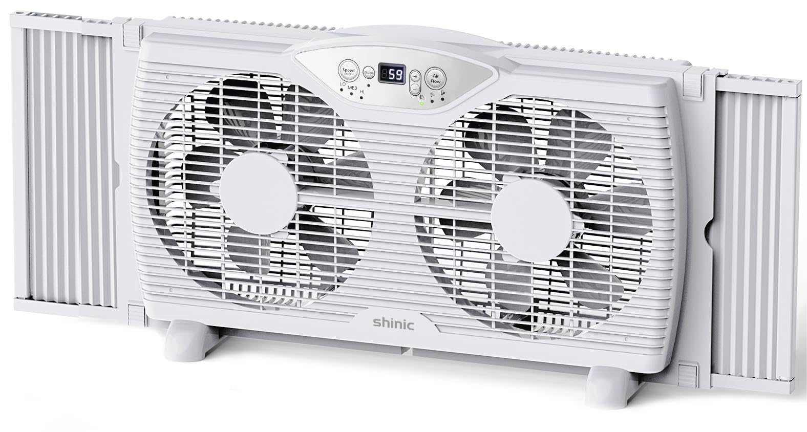 Shinic Twin Window Fan front view with 9 inch blades for adjustable airflow