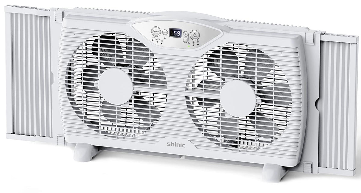 Shinic Twin Window Fan front view with 9 inch blades for adjustable airflow