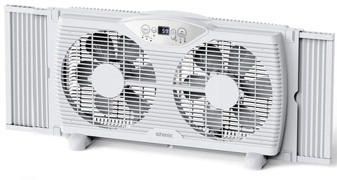 Shinic Twin Window Fan front view with 9 inch blades for adjustable airflow