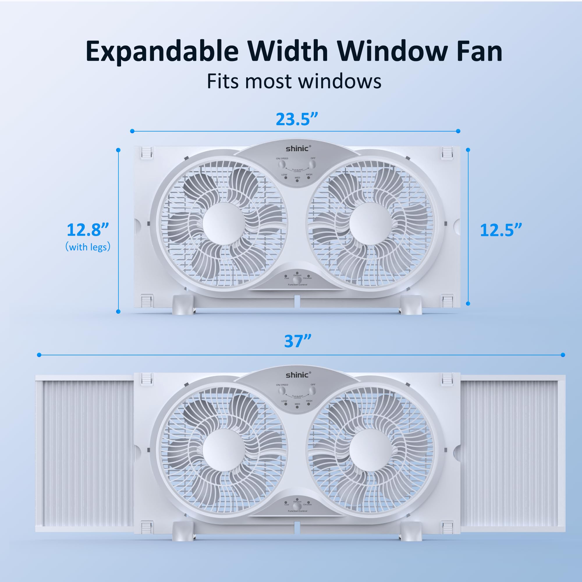 Shinic twin window fan side view showing slim profile and expansion panel.