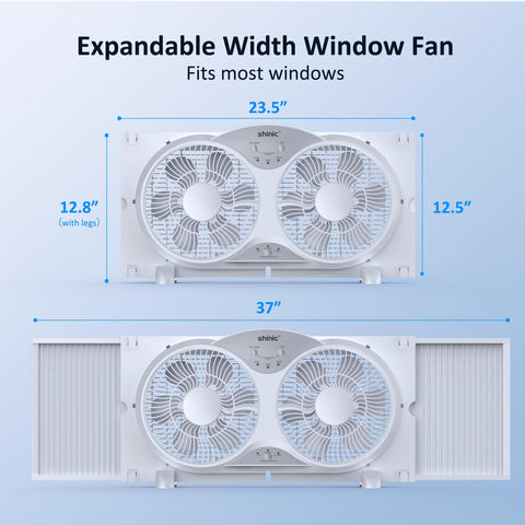 Shinic twin window fan side view showing slim profile and expansion panel.