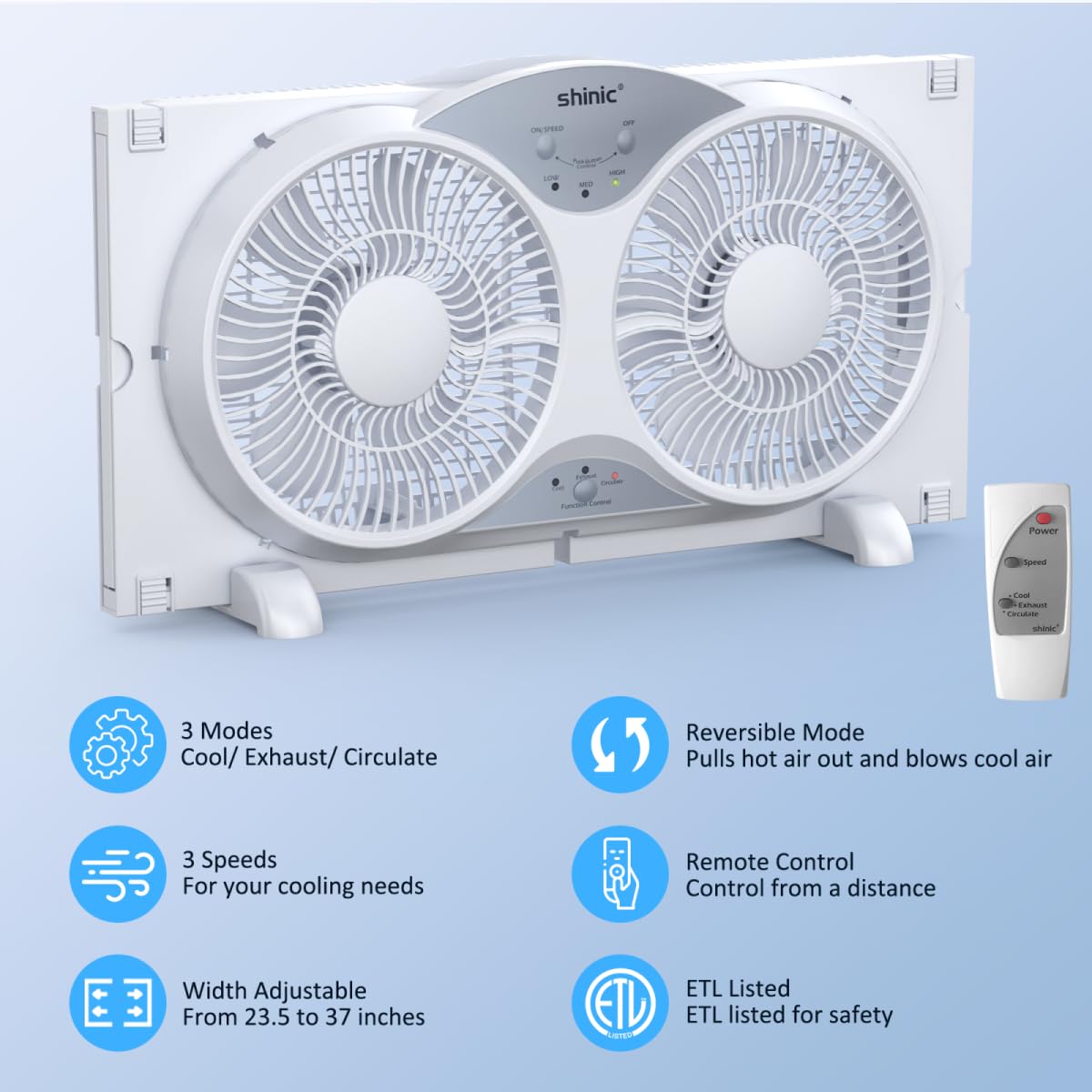 Shinic window fan remote control enabling mode changes from a distance.
