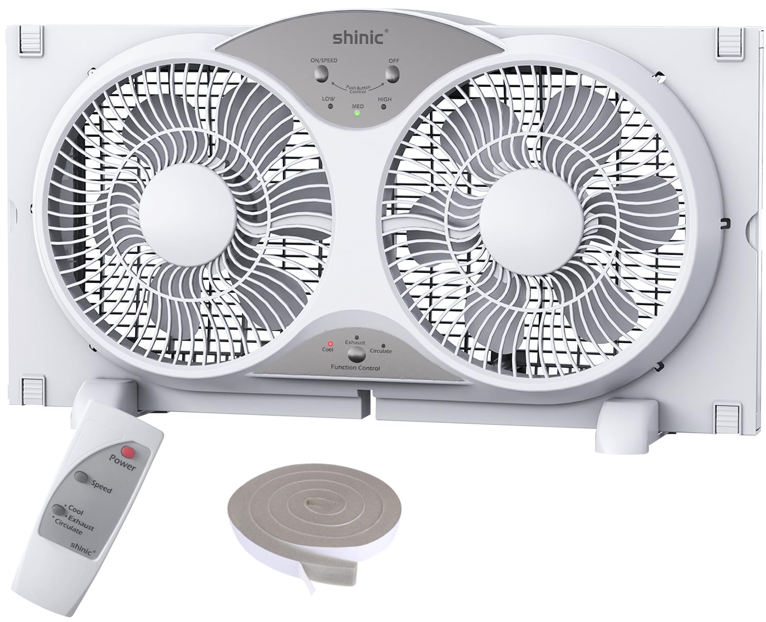 Shinic window fan showing reversible airflow for fresh air intake and exhaust.