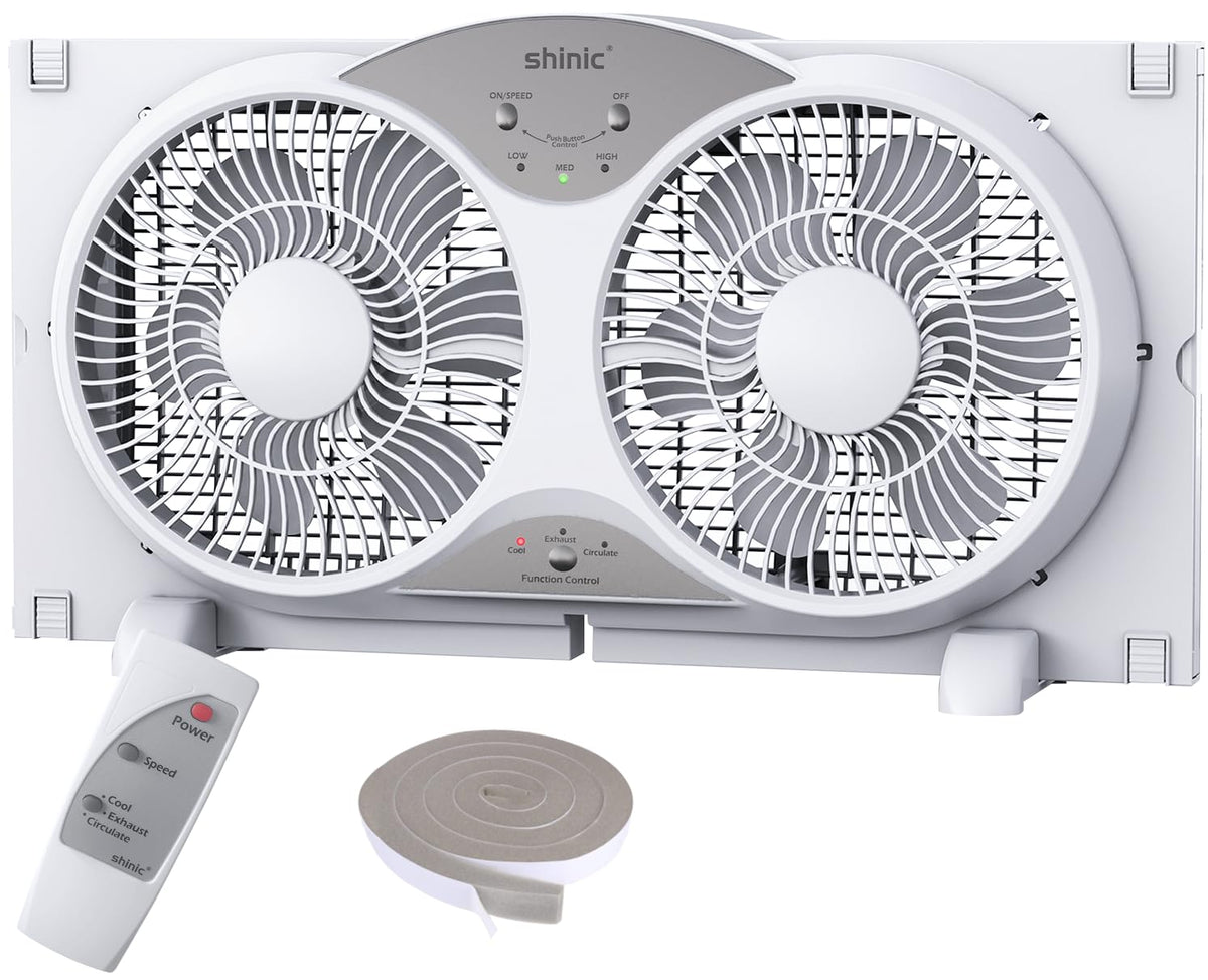 Shinic window fan showing reversible airflow for fresh air intake and exhaust.