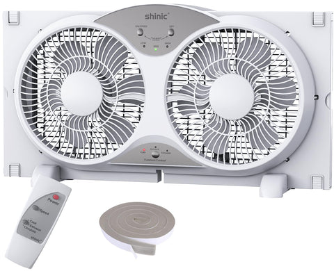 Shinic window fan showing reversible airflow for fresh air intake and exhaust.