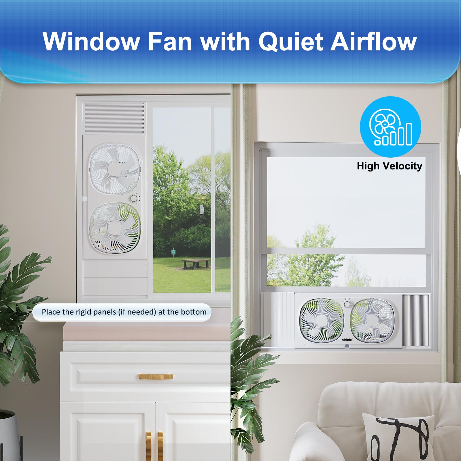 Shinic window fan with rotatable heads for customizable airflow.