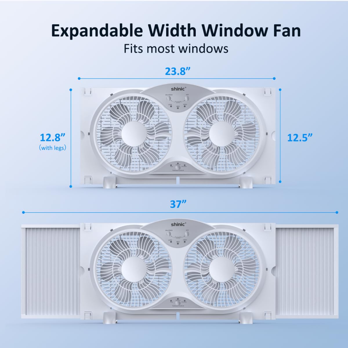 Shinic window fan displaying three speed settings for customizable airflow.
