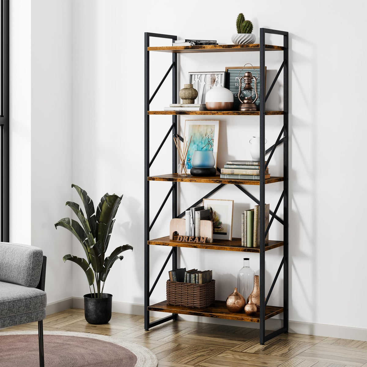 Shintenchi 5-tier bookshelf front view shows sturdy metal frame and spacious shelves.
