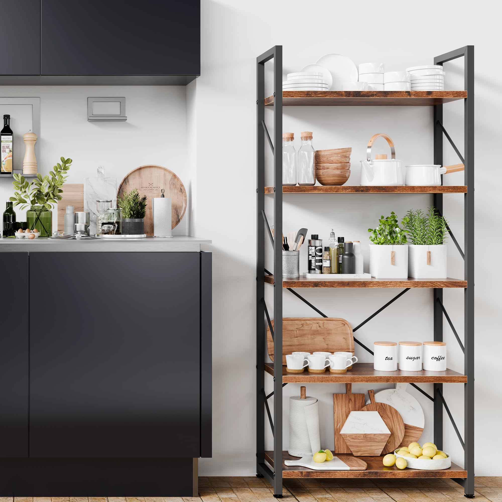 Shintenchi 5-tier bookshelf assembly showing sturdy frame and spacious shelves.
