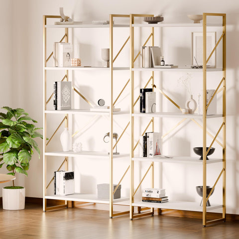 Shintenchi gold 5-tiers bookshelf dimensions guide shows 22.5 by 11.8 inch shelves