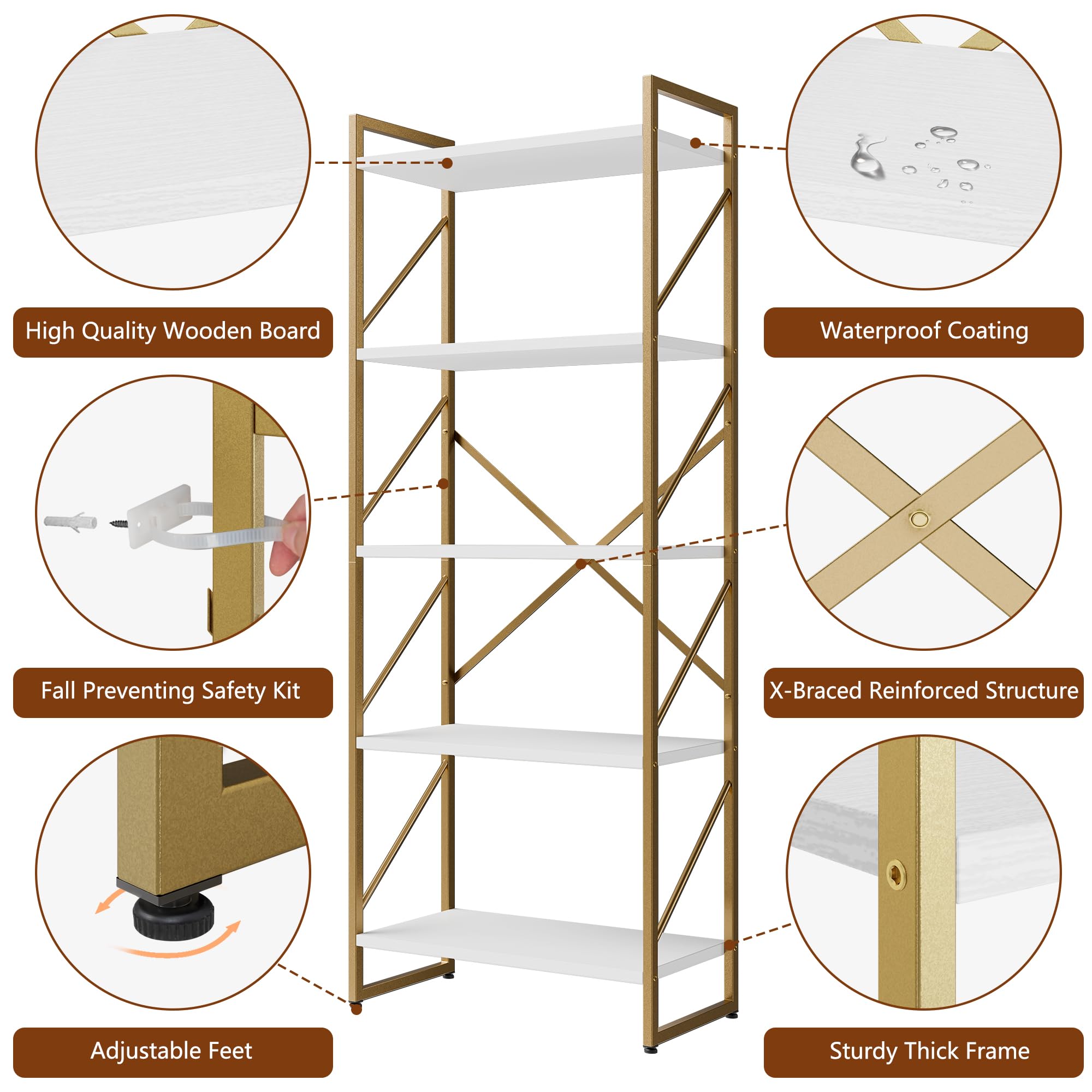 Shintenchi gold 5-tiers bookshelf front view highlighting spacious shelves for books and decor