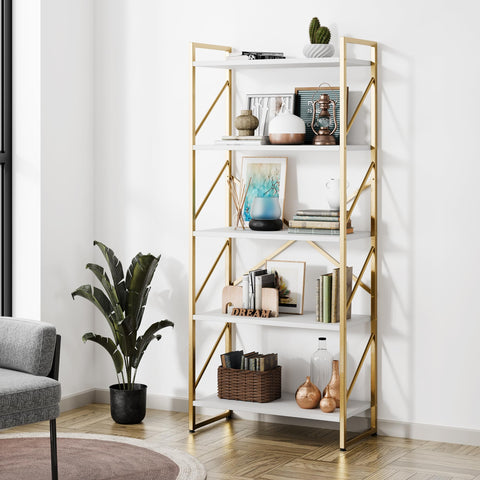 Shintenchi gold 5-tiers bookshelf side view showing sturdy metal frame for durable storage
