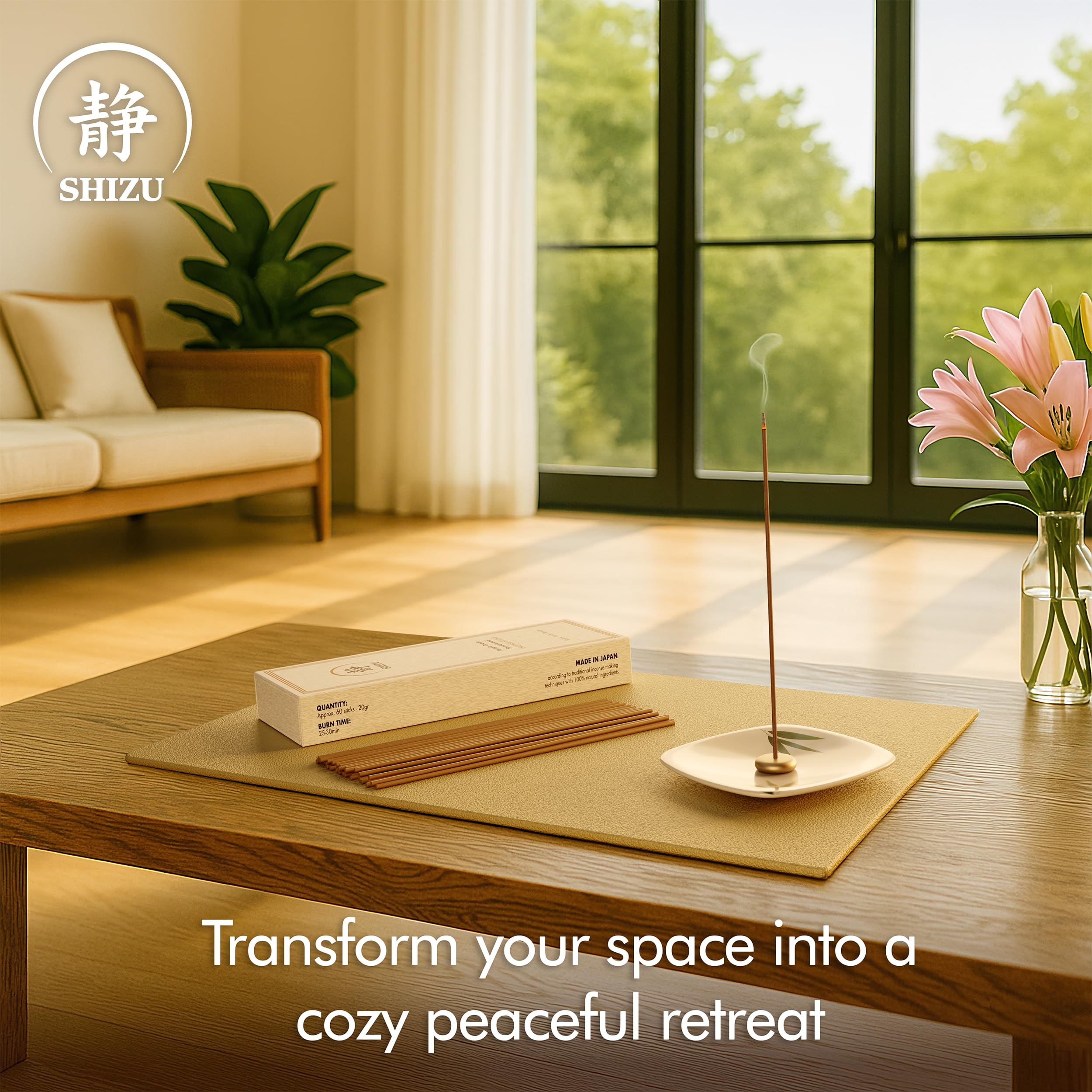 Shizu incense set in a tea room setup for focused relaxation