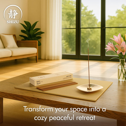 Shizu incense set in a tea room setup for focused relaxation