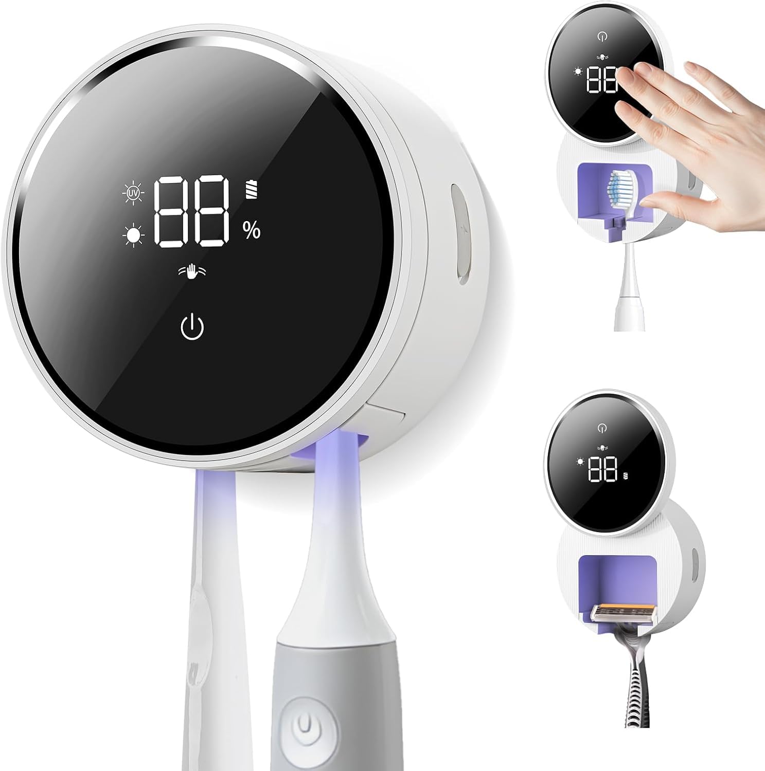 Shker wall-mounted toothbrush holder and cleaner keeps brushes dry and organized.