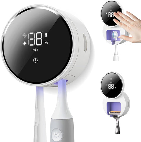 Shker wall-mounted toothbrush holder and cleaner keeps brushes dry and organized.