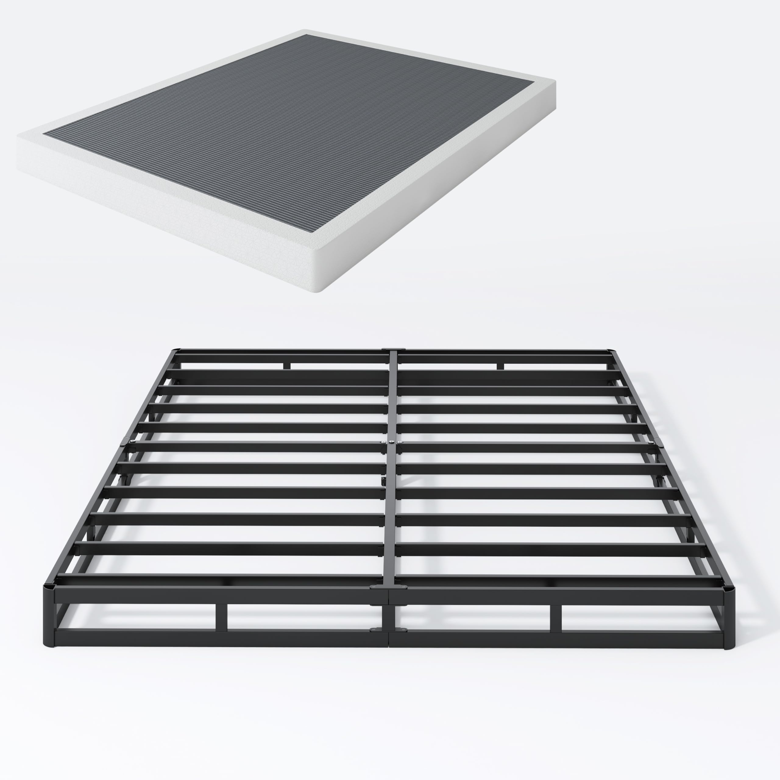 SHLAND box spring queen side view shows sturdy metal foundation for stable sleep