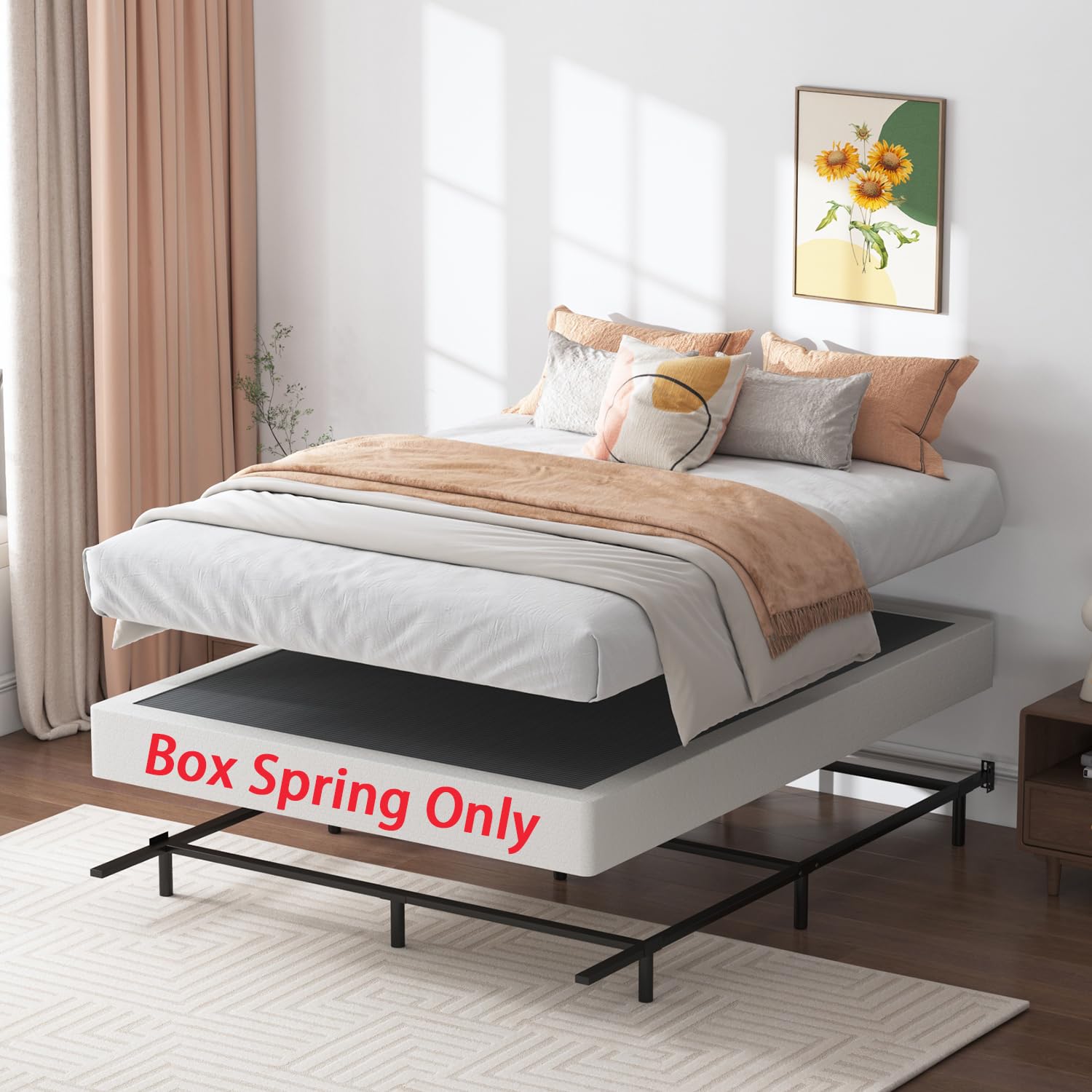 SHLAND queen box spring 7inch underside view highlights reinforced frame.