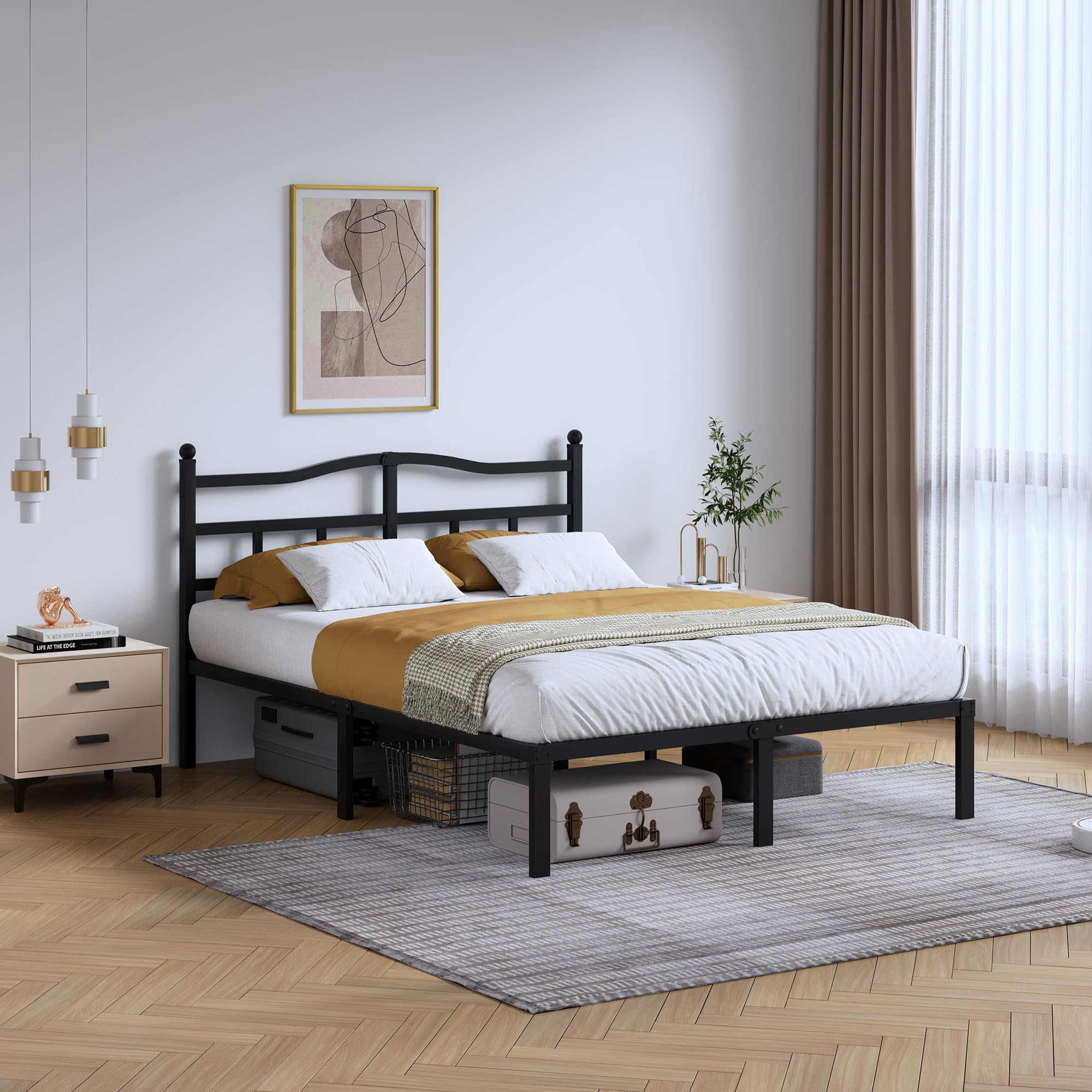 SHOANED 14-inch bed frame with headboard, noise-free foundation for restful nights.