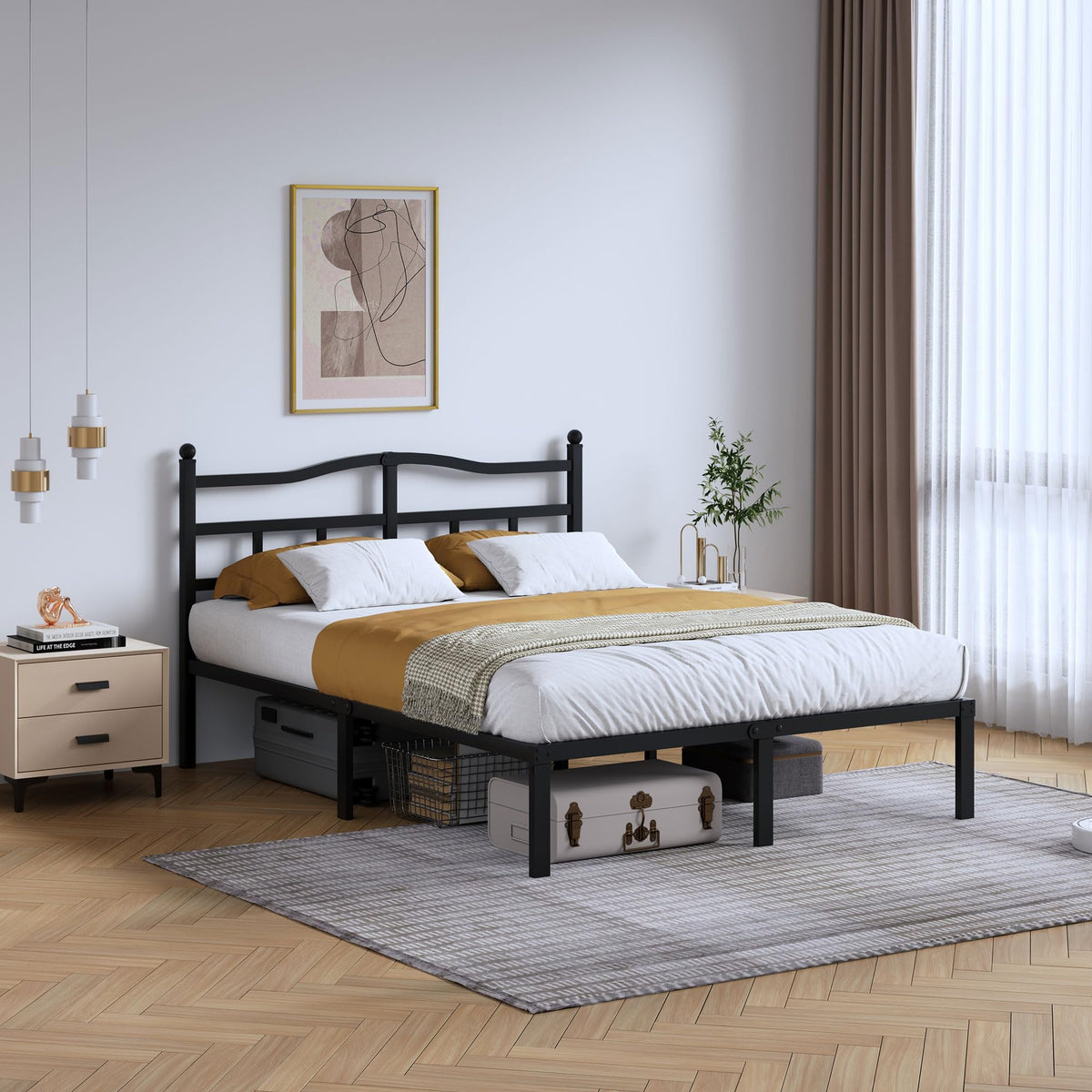 SHOANED 14-inch bed frame with headboard, noise-free foundation for restful nights.