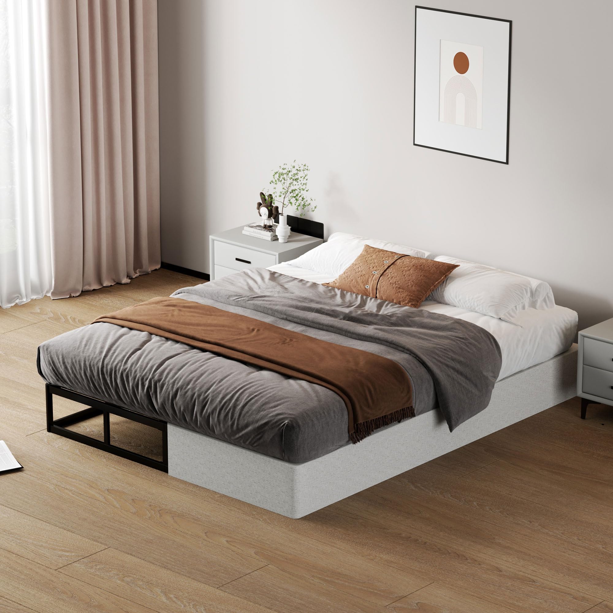 SHOANED queen box spring shown in a tidy bedroom setup.