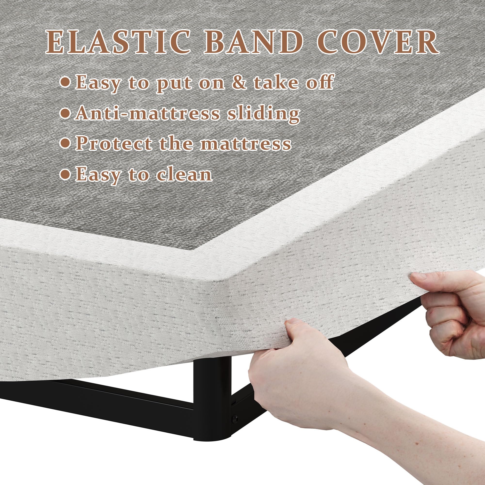 SHOANED heavy-duty metal slats provide durable foundation for queen mattress.