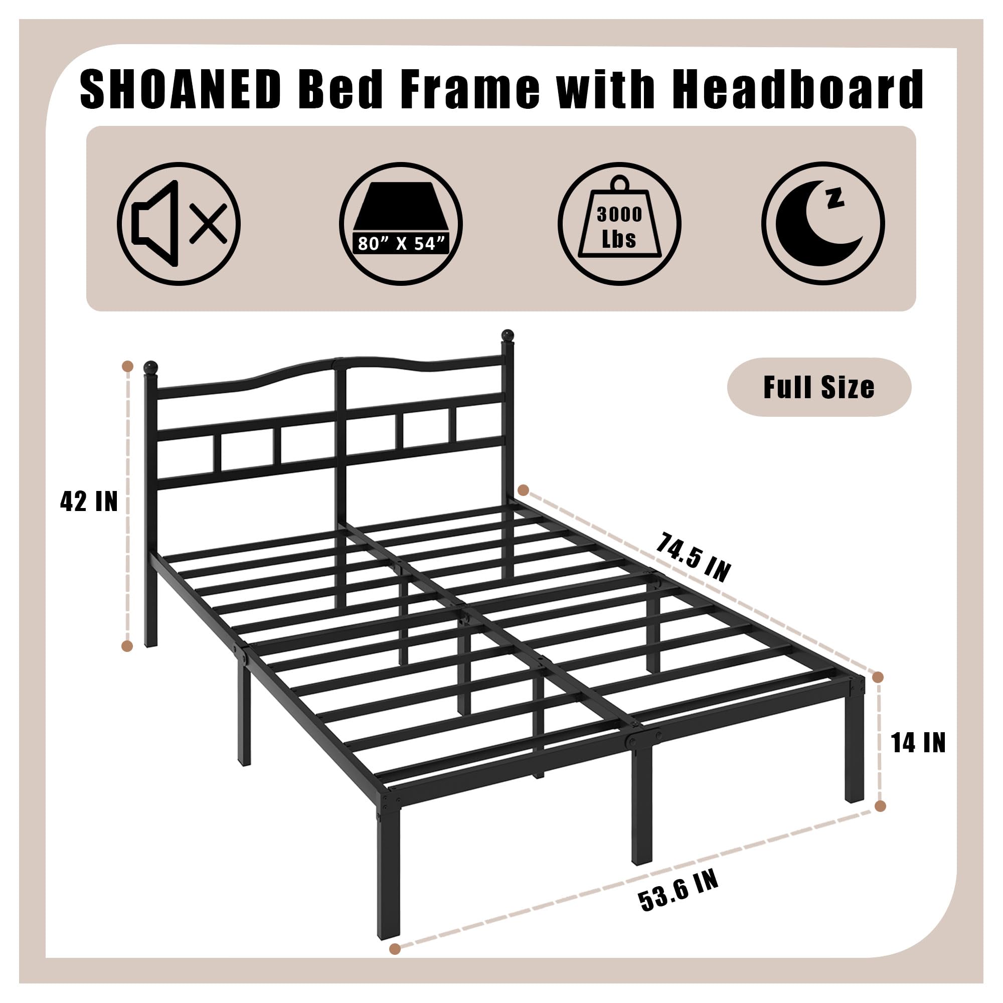 SHOANED heavy-duty platform bed frame with sturdy legs for solid support.