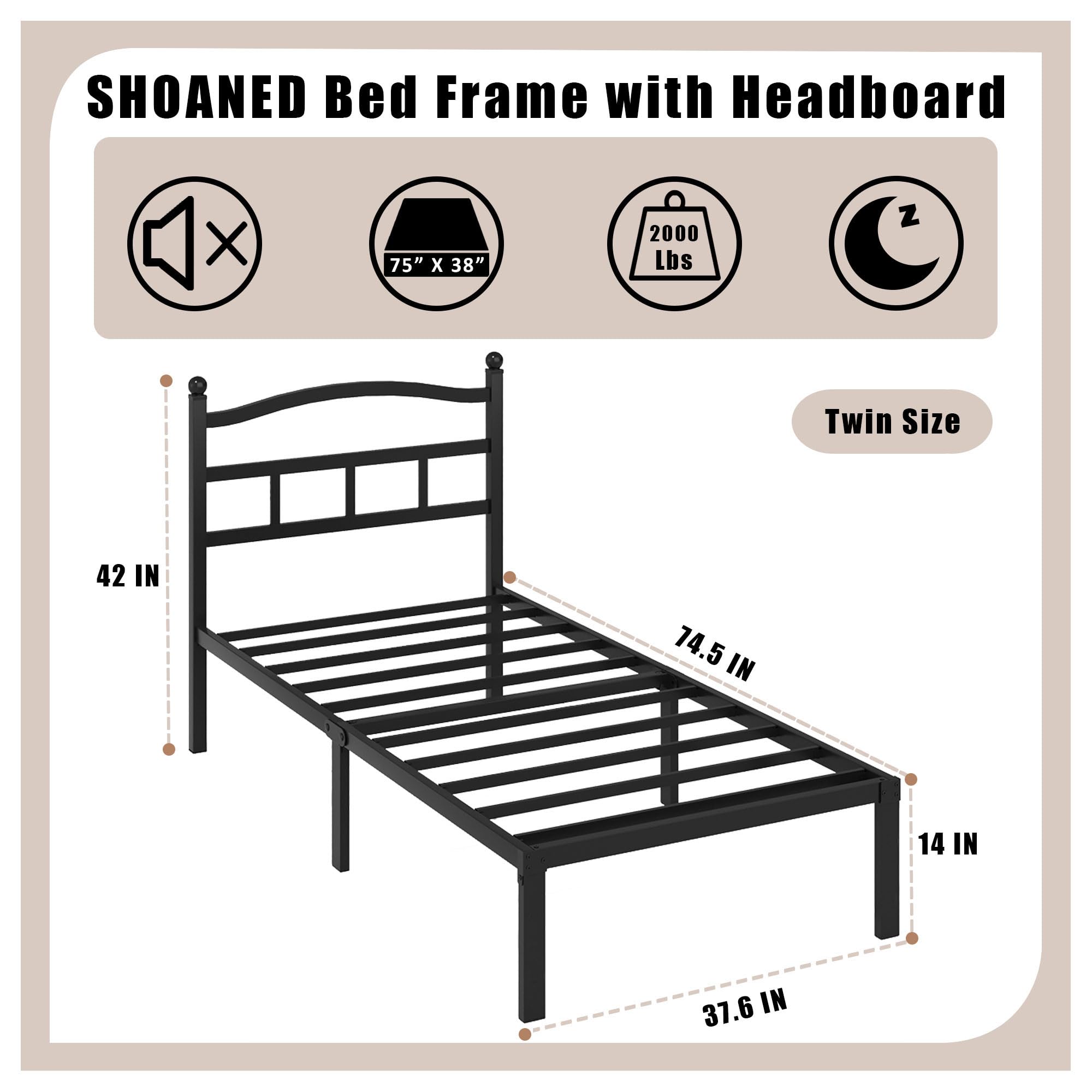 SHOANED twin bed frame with headboard offering sturdy heavy-duty support