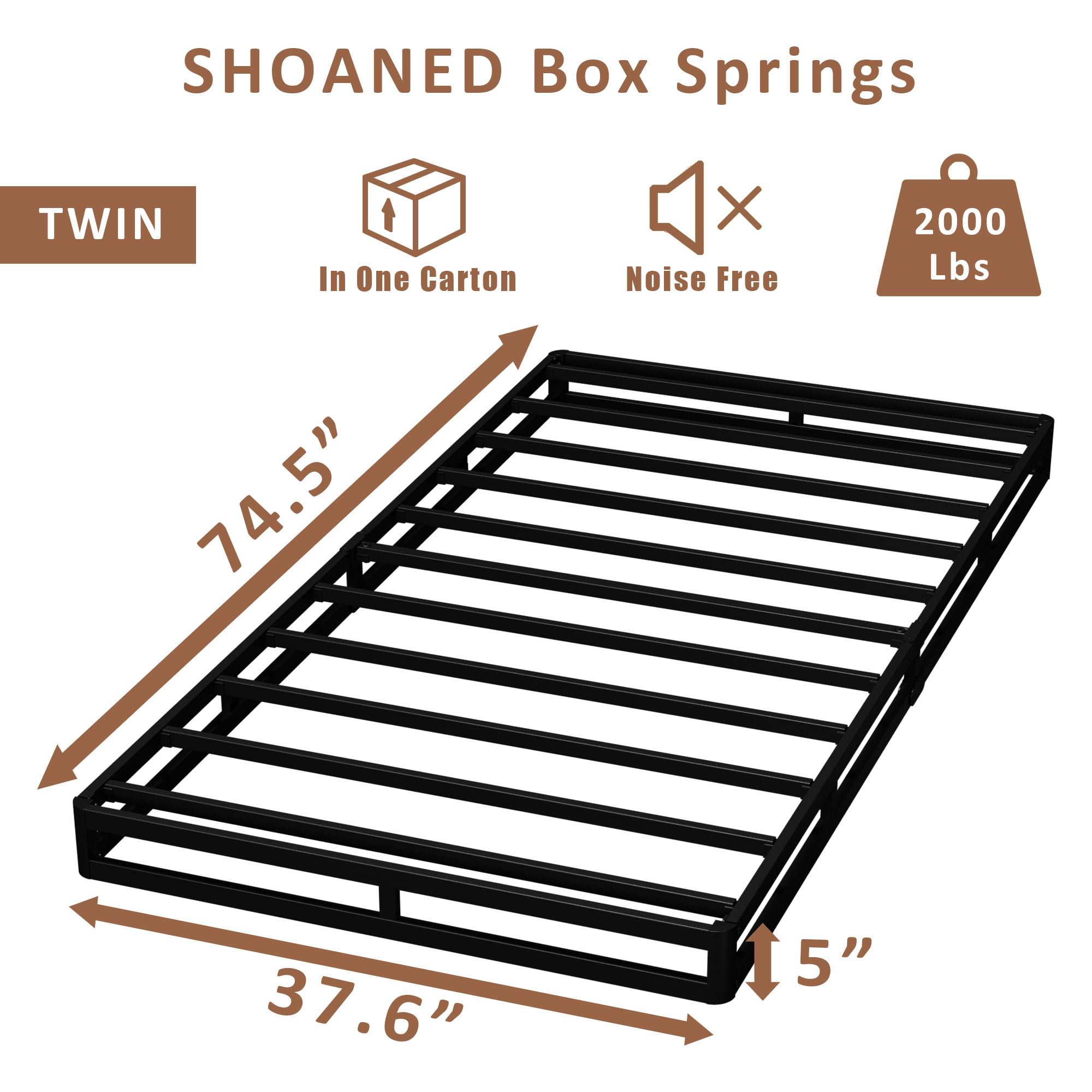 Heavy-duty metal slats provide strong support for the SHOANED twin box spring.