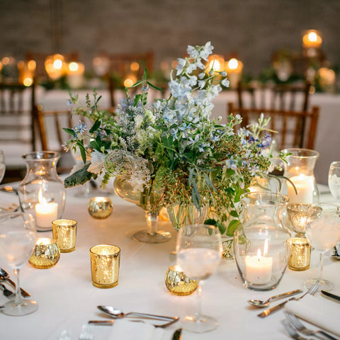 SHOHAYTO gold mercury glass votive glow enhances warm evenings.