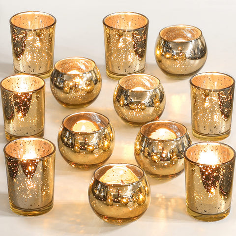 SHOHAYTO gold mercury glass votive set round tea-light holders add warm ambience.