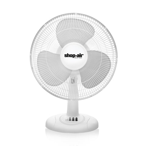 Shop-Air 16-inch table fan front view delivering broad airflow for large spaces.