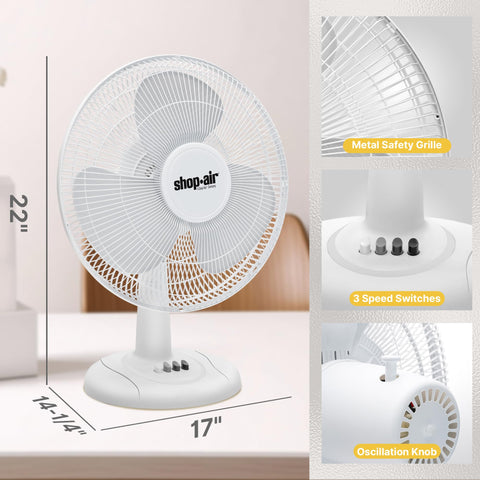 Shop-Air 16-inch table fan side view for quiet, unobtrusive cooling.