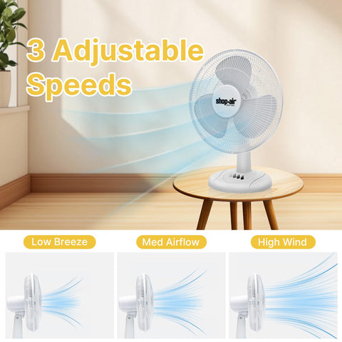 Shop-Air 16-inch table fan tilt adjustment highlights precise directed airflow.