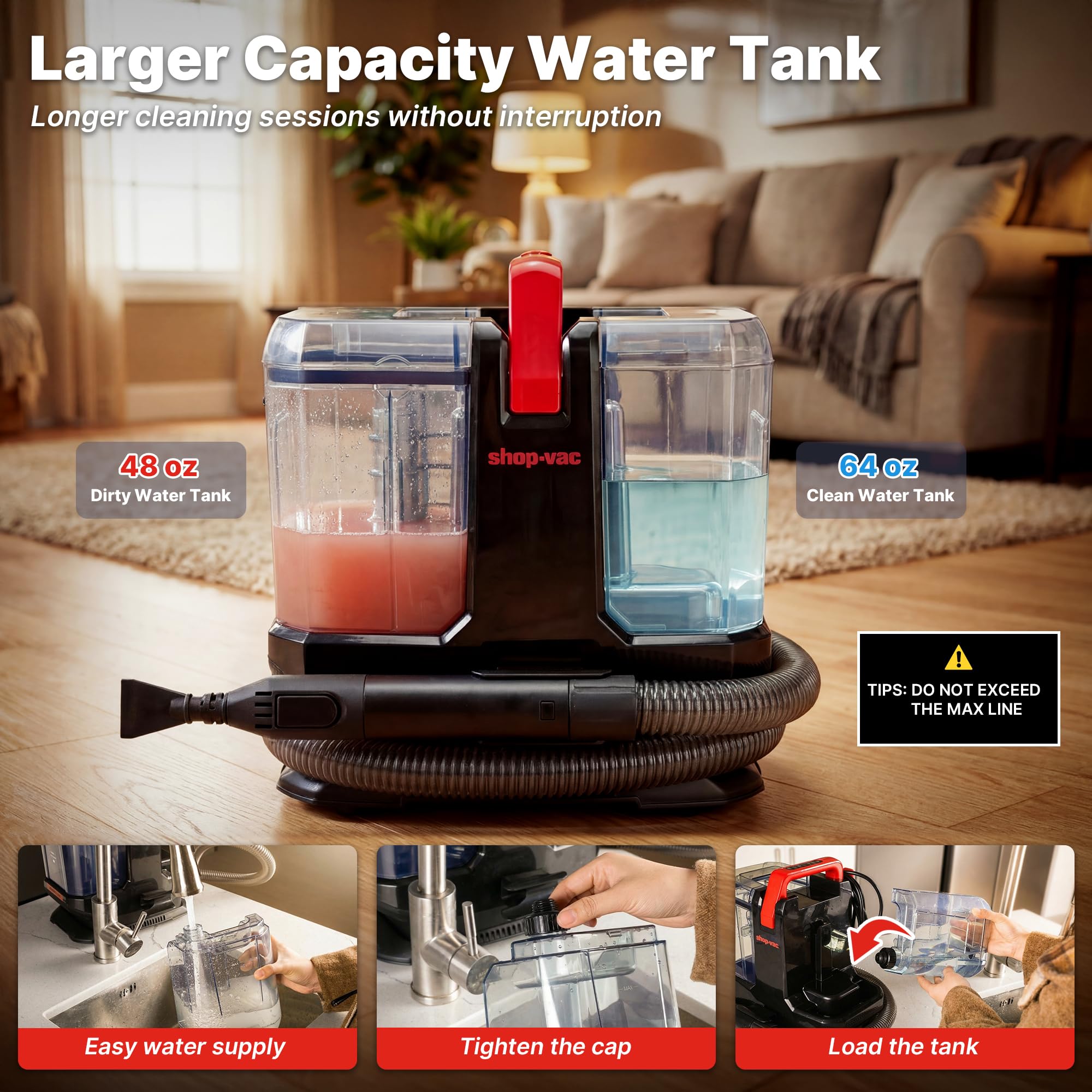 Shop-Vac dual-tank design keeps clean and dirty water separate for hygiene.