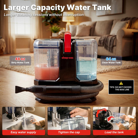 Shop-Vac dual-tank design keeps clean and dirty water separate for hygiene.
