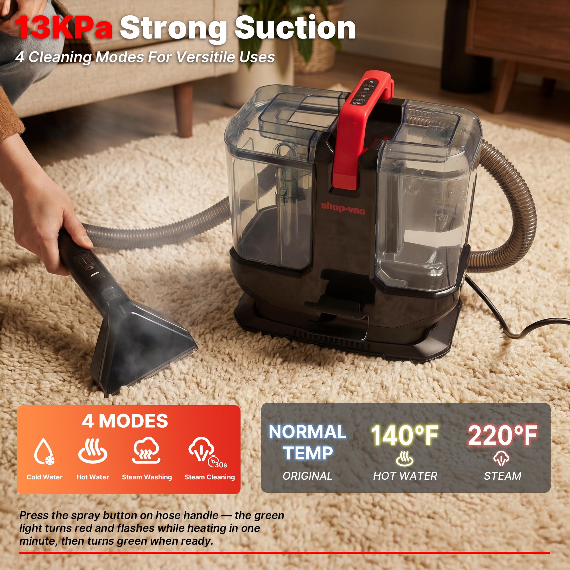 Shop-Vac four-modes control panel enabling versatile cleaning on fabrics.