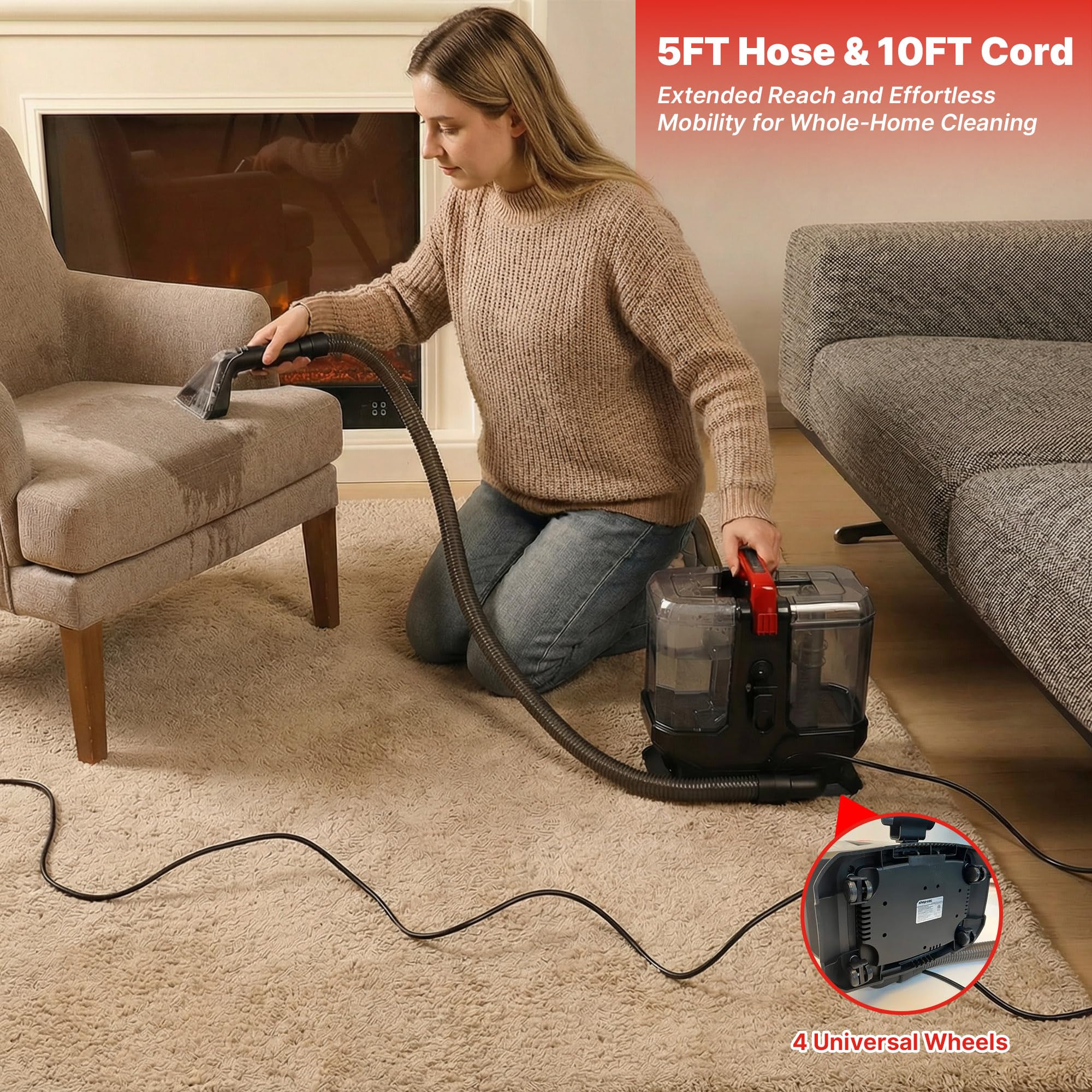 Shop-Vac portable cleaner in use on car upholstery and rugs.