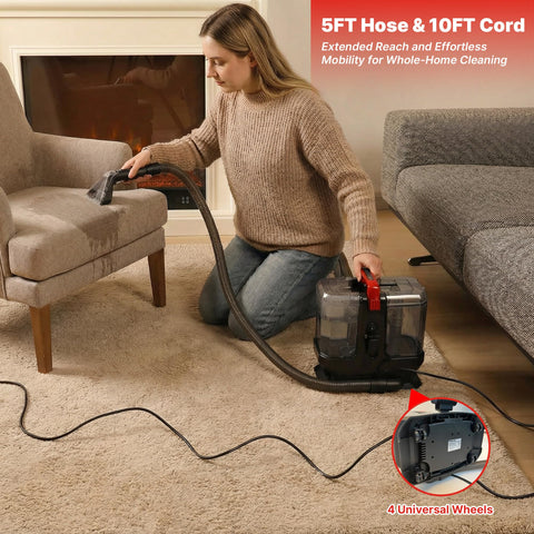 Shop-Vac portable cleaner in use on car upholstery and rugs.